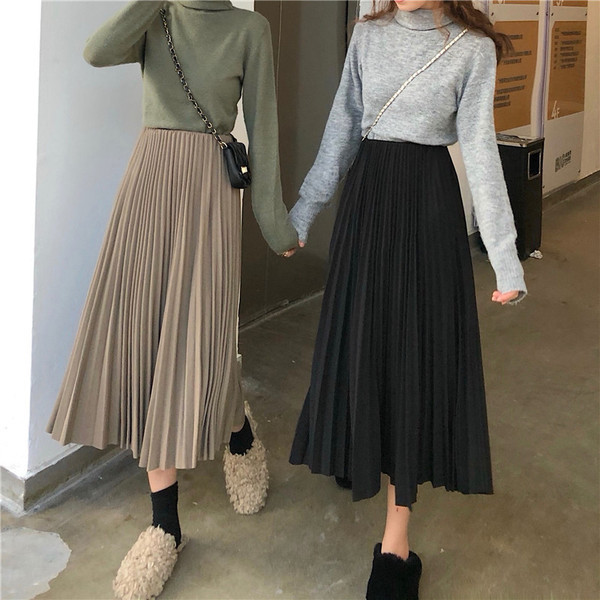 Дълга ежедневна плисирана пола с висока талия в черен и бежов цвят