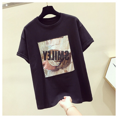 Tricou casual dama cu aplicatie in alb, negru si gri