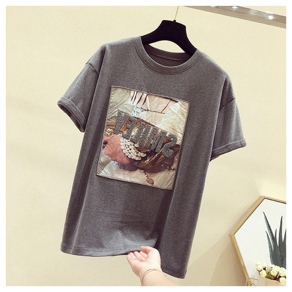 Tricou casual dama cu aplicatie in alb, negru si gri