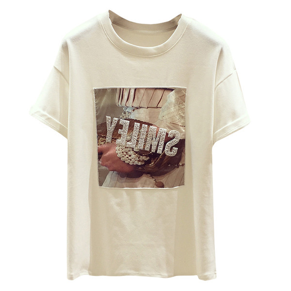 Tricou casual dama cu aplicatie in alb, negru si gri