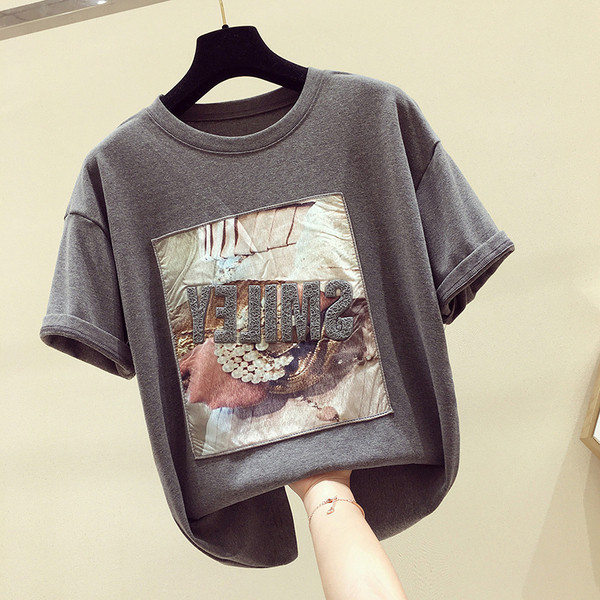 Tricou casual dama cu aplicatie in alb, negru si gri