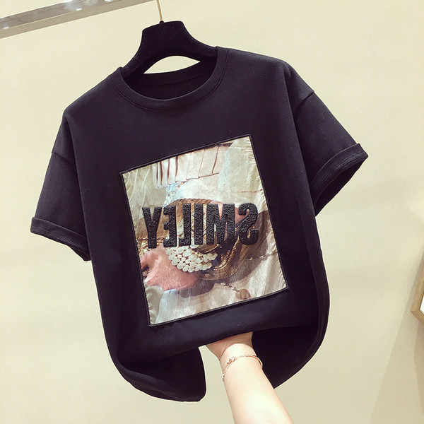 Tricou casual dama cu aplicatie in alb, negru si gri