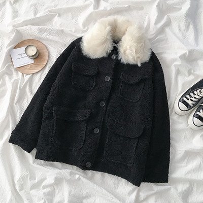 Модерно дамско палто с пух в червен и черен цвят