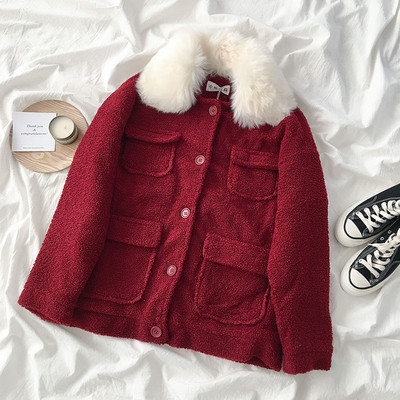 Модерно дамско палто с пух в червен и черен цвят