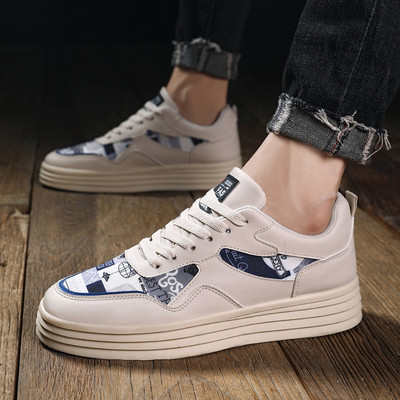 Αθλητικά πάνινα ανδρικά παπούτσια με κορδόνια και σχέδια σε λευκό, μπεζ και μαύρο χρώμα