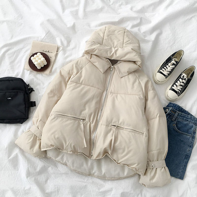 Geaca casual dama cu gluga si fermoar model asimetric alb-negru