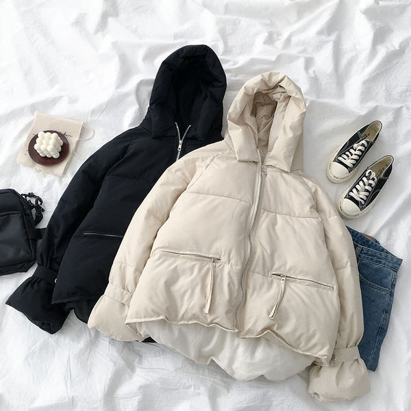 Geaca casual dama cu gluga si fermoar model asimetric alb-negru