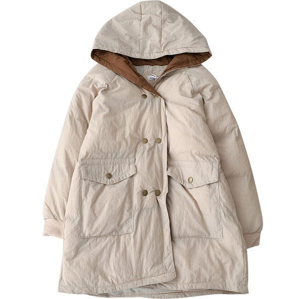 Női alkalmi kabát kapucnival és gombokkal bézs és fekete színben