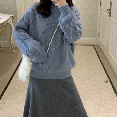 Pulover de dama cu guler polo in roz si albastru