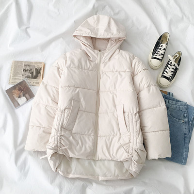 Γυναικείο χειμωνιάτικο μπουφάν με κορδόνια και κουκούλα σε κίτρινο και λευκό χρώμα ασύμμετρο σχέδιο