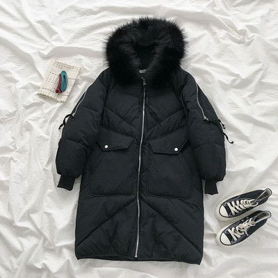 Γυναικείο μακρύ μπουφάν με τσέπες γούνα σε μαύρο και μπεζ χρώμα