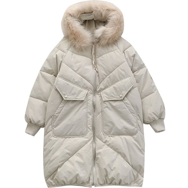 Γυναικείο μακρύ μπουφάν με τσέπες γούνα σε μαύρο και μπεζ χρώμα