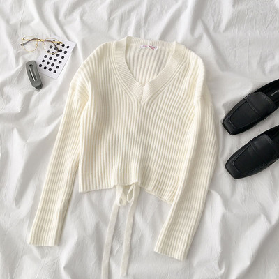 Γυναικείο casual πουλόβερ με οβάλ λαιμόκοψη  με κορδόνια σε μπλε και άσπρο χρώμα