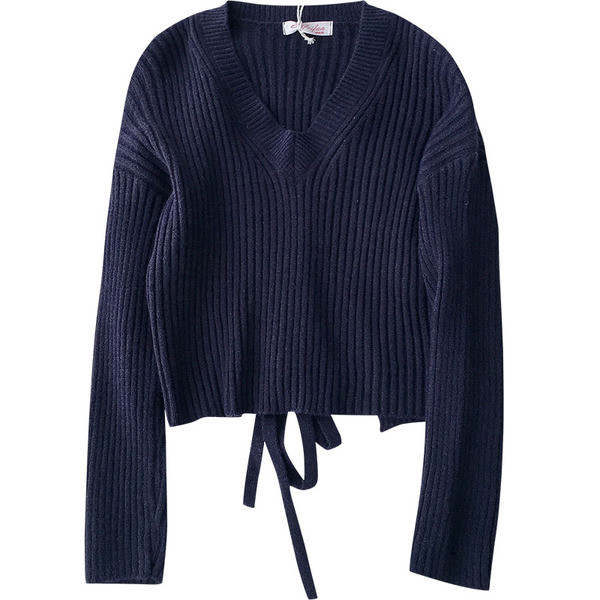 Γυναικείο casual πουλόβερ με οβάλ λαιμόκοψη  με κορδόνια σε μπλε και άσπρο χρώμα