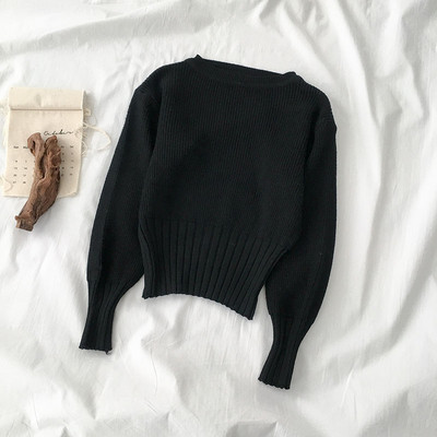 Pulover casual de dama cu decolteu oval si maneci lungi in albastru si negru