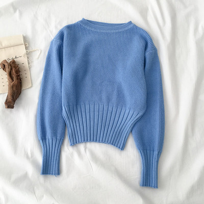 Pulover casual de dama cu decolteu oval si maneci lungi in albastru si negru