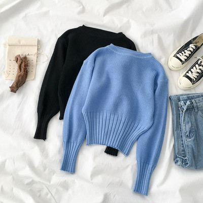 Pulover casual de dama cu decolteu oval si maneci lungi in albastru si negru