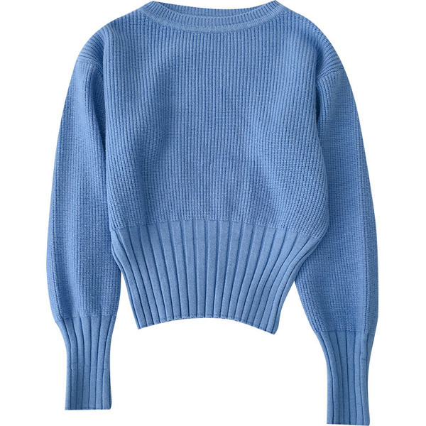 Pulover casual de dama cu decolteu oval si maneci lungi in albastru si negru