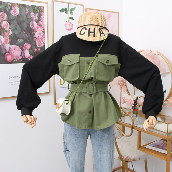 Νέο μοντέλο γυναικεία μπλούζα  με τσέπες και ζώνη σε καφέ, πράσινο και μαύρο χρώμα