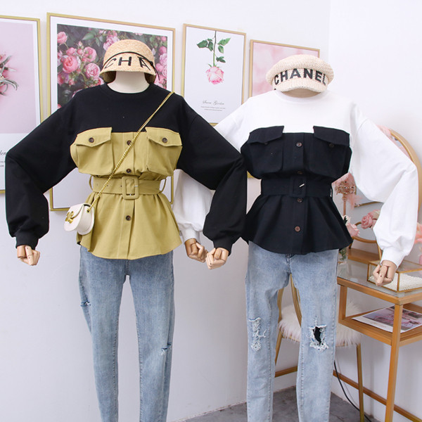 Νέο μοντέλο γυναικεία μπλούζα  με τσέπες και ζώνη σε καφέ, πράσινο και μαύρο χρώμα