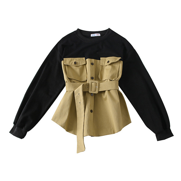 Νέο μοντέλο γυναικεία μπλούζα  με τσέπες και ζώνη σε καφέ, πράσινο και μαύρο χρώμα