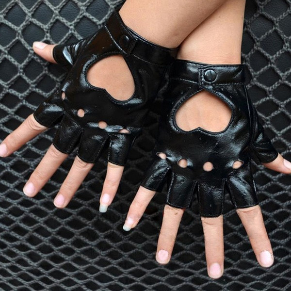 Women`s leather gloves with cut-outs in black