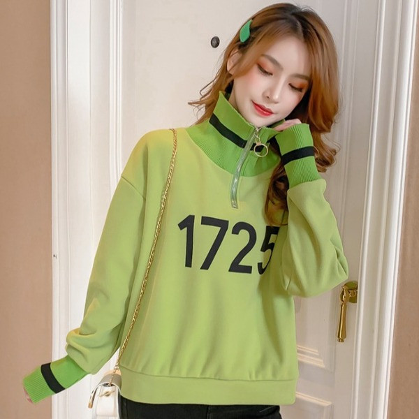 Νέο μοντέλο γυναικεία μπλούζα με μεγάλο κολάρο  φερμουάρ και εκτύπωση σε πράσινο, πορτοκαλί και κίτρινο χρώμα