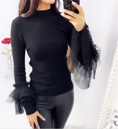 Casual γυναικείο πουλόβερ  με τούλι σε μπλε και μαύρο χρώμα