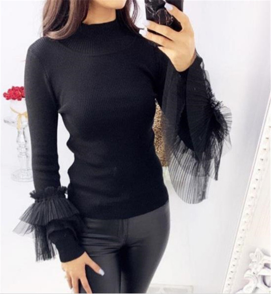 Casual γυναικείο πουλόβερ  με τούλι σε μπλε και μαύρο χρώμα