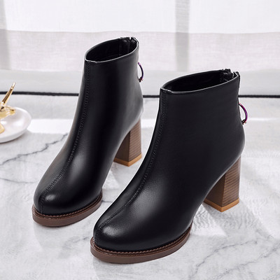 Cizme de dama din piele cu toc gros si fermoar in negru si maro