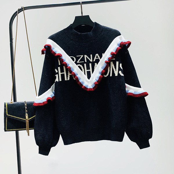 Pulover de dama modern model nou cu decolteu O in roz, alb si negru