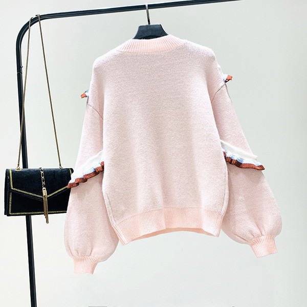 Pulover de dama modern model nou cu decolteu O in roz, alb si negru