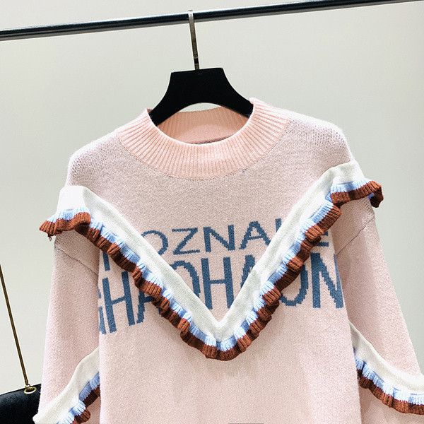 Pulover de dama modern model nou cu decolteu O in roz, alb si negru