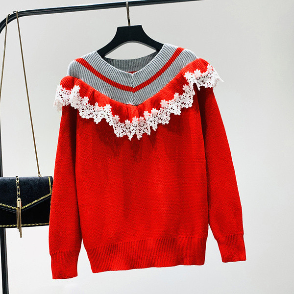 Νέο μοντέλο γυναικείο πουλόβερ γυναικών με δαντέλα σε μαύρο, μπλε, κόκκινο και ροζ χρώμα