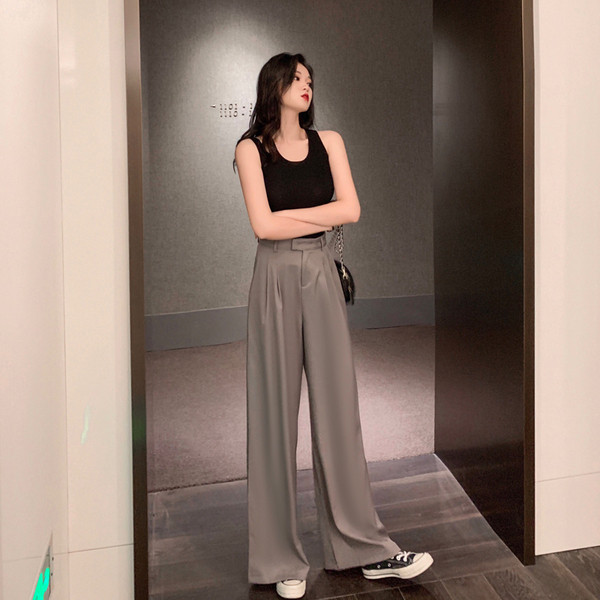 Női hosszú és széles nadrág magas derékkal, szürke és fekete színben