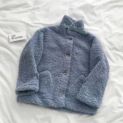 Palton casual de dama cu guler inalt si nasturi in alb si albastru