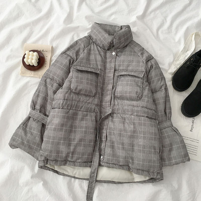 Jachetă de damă modernă cu șireturi și guler înalt, de culoare gri