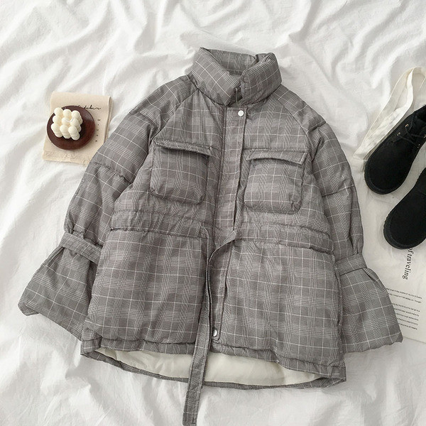 Jachetă de damă modernă cu șireturi și guler înalt, de culoare gri