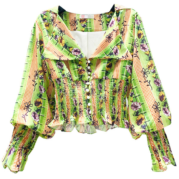 Új modell női blúz virágmintával és spitz nyakkivágással fehér, sárga és zöld színekben