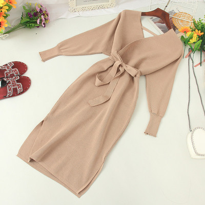 Μοντέρνο γυναικείο φόρεμα με λαιμόκοψη και κορδέλα σε διάφορα χρώματα