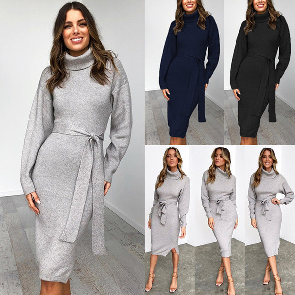 ÚJ modell női hosszú őszi ruha magas gallérral és övvel három színben