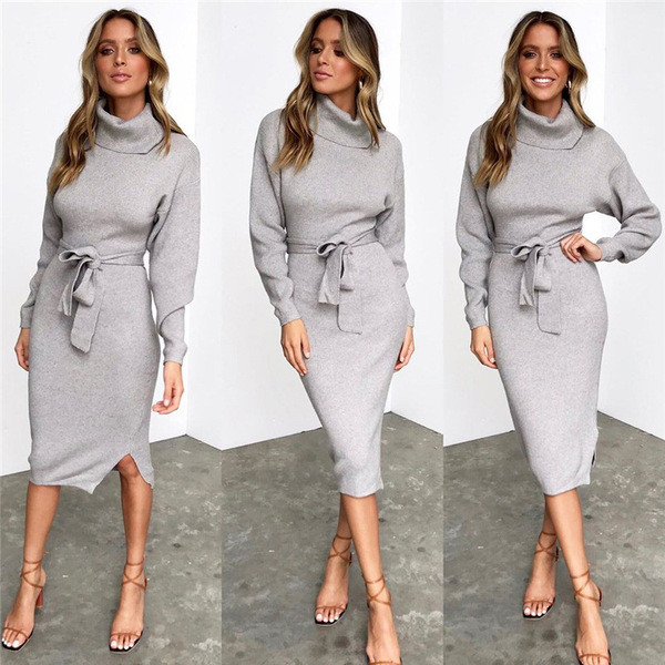 ÚJ modell női hosszú őszi ruha magas gallérral és övvel három színben