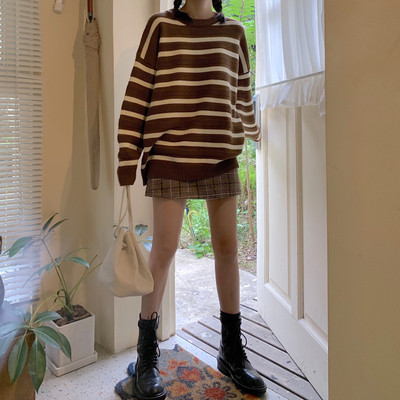 Γυναικείο φαρδύ ριγέ πουλόβερ σε τρία χρώματα