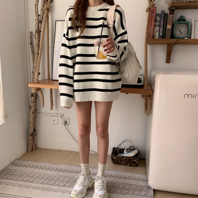 Γυναικείο φαρδύ ριγέ πουλόβερ σε τρία χρώματα