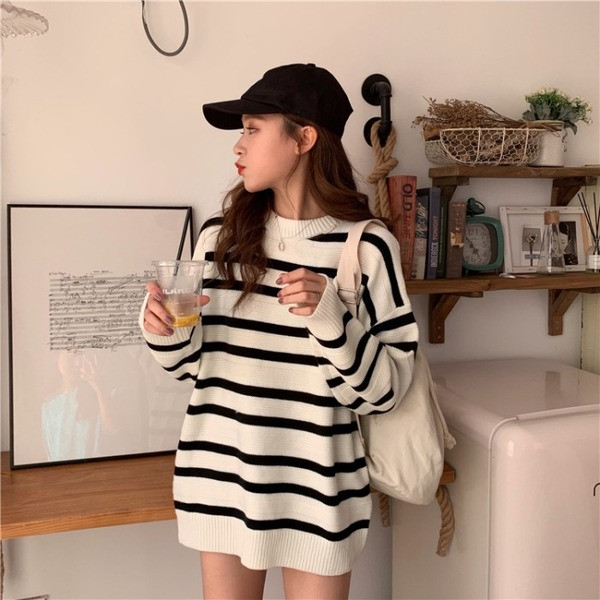 Γυναικείο φαρδύ ριγέ πουλόβερ σε τρία χρώματα