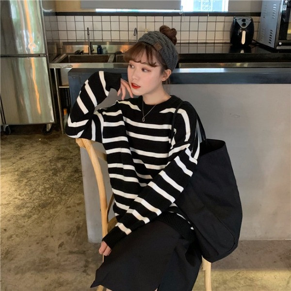 Γυναικείο φαρδύ ριγέ πουλόβερ σε τρία χρώματα