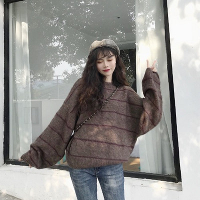 Pulover lat cu dungi cu maneci lungi in trei culori