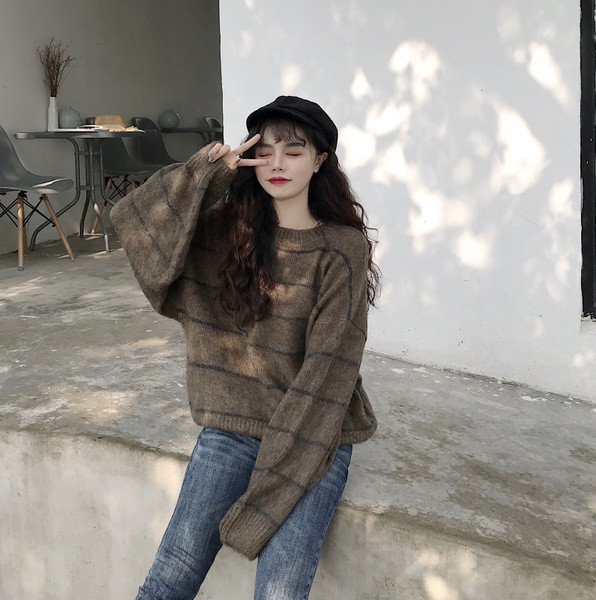 Pulover lat cu dungi cu maneci lungi in trei culori