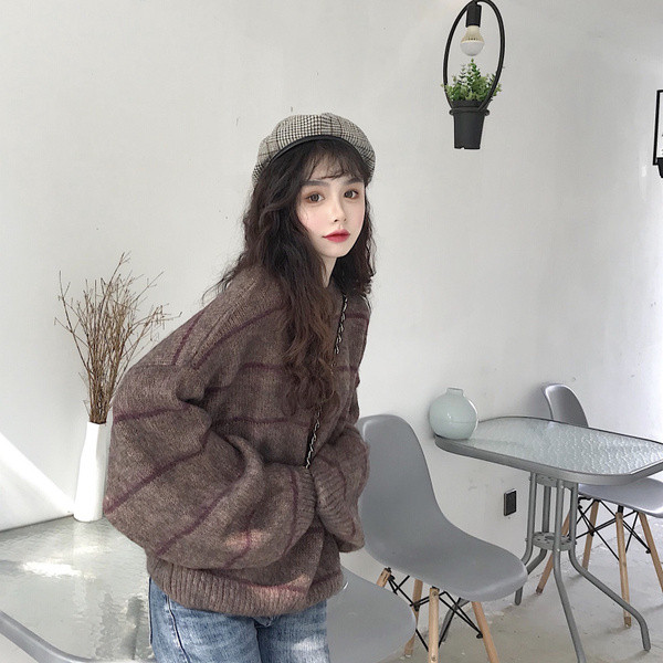 Pulover lat cu dungi cu maneci lungi in trei culori