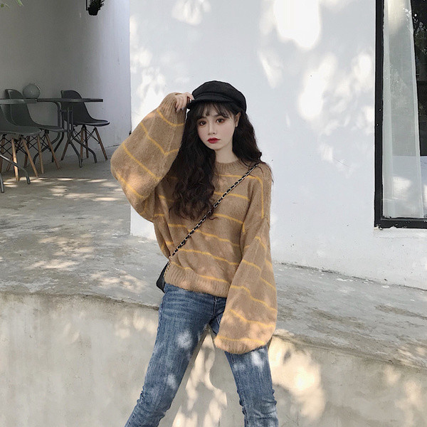 Pulover lat cu dungi cu maneci lungi in trei culori